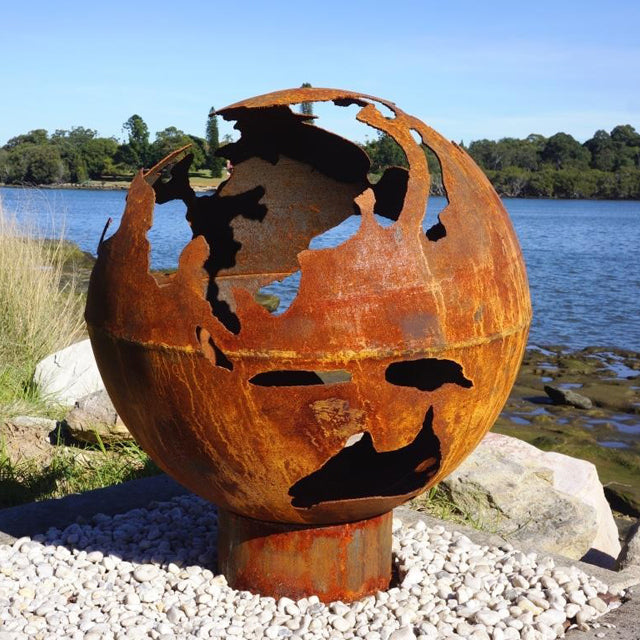 Globe firepit, panoramic view , global view of Earth from space, outdoor setting, outdoor