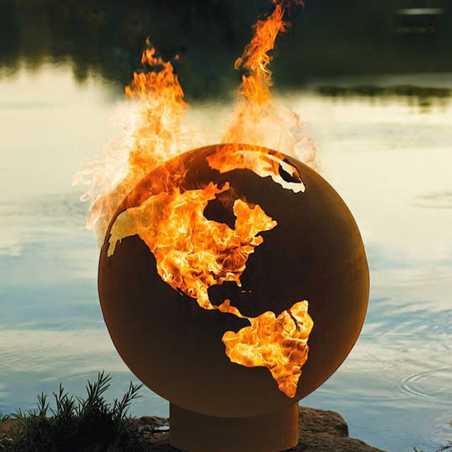 Globe firepit, panoramic view , global view of Earth from space, outdoor setting, outdoor