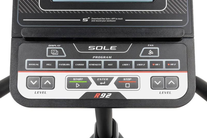 Sole R92 Exercise bike Fitness equipment Indoor cycling Home gym Cardio workout Stationary bike Adjustable seat Resistance levels LCD display Bluetooth connectivity Workout programs