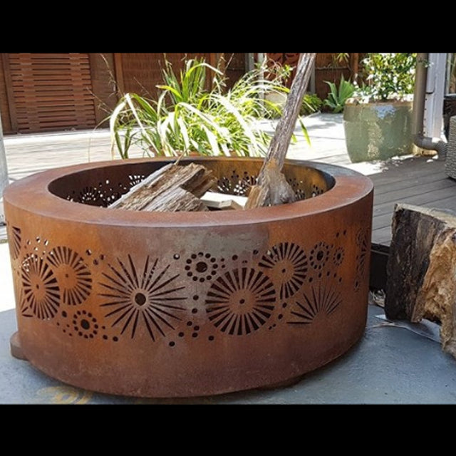 Ironbark Small Double-skin Round Fire pit Outdoor heating Patio decor Garden feature Wood-burning Portable Steel construction Rust-resistant Ash containment Airflow control Cooking grill Heat distribution Safety features Aesthetically pleasing Weather-resistant Easy assembly